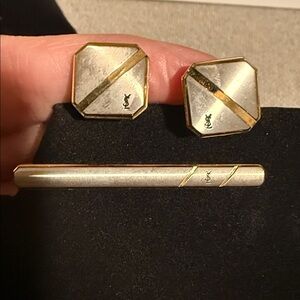 YSL Authentic Silver and Gold Cufflinks with Tie Clip